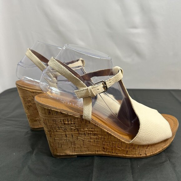 Franco Sarto Clinton cream leather t-strap cork wedge sandals 9M - Picture 3 of 7